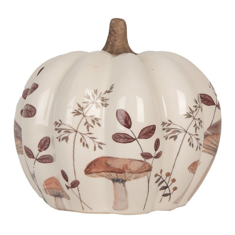 Keramik-Kürbis mit Pilz-Motiv – Herbstdeko Beige-Braun im Landhausstil {{ Shabby Chic und Landhaus Deko }} {{ www.Stein-Alt.de }}