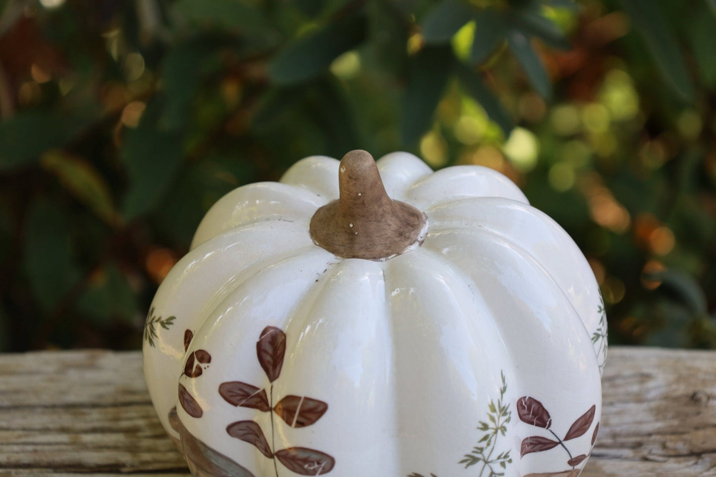 Keramik-Kürbis mit Pilz-Motiv – Herbstdeko Beige-Braun im Landhausstil {{ Shabby Chic und Landhaus Deko }} {{ www.Stein-Alt.de }}