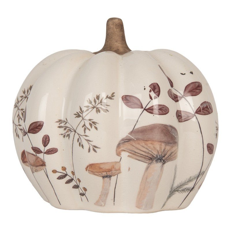 Keramik-Kürbis mit Pilz-Motiv – Herbstdeko Beige-Braun im Landhausstil Groß {{ Shabby Chic und Landhaus Deko }} {{ www.Stein-Alt.de }}