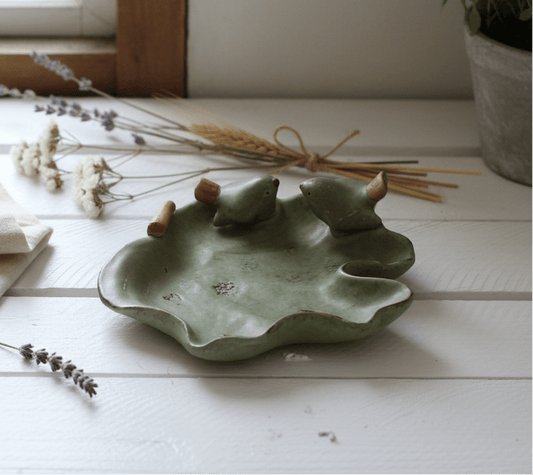 Keramik Schale Blattform mit Vögeln Grün – Clayre & Eef {{ Shabby Chic und Landhaus Deko }} {{ www.Stein-Alt.de }}