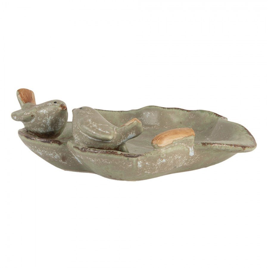 Keramik Schale Blattform mit Vögeln Grün – Clayre & Eef {{ Shabby Chic und Landhaus Deko }} {{ www.Stein-Alt.de }}