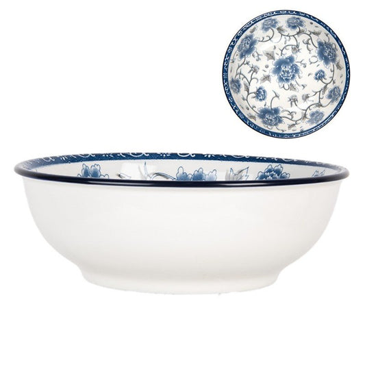 Keramik-Schale Weiß-Blau mit Blumenmuster - Obstschale Landhausstil Ø 19 cm {{ Shabby Chic und Landhaus Deko }} {{ www.Stein-Alt.de }}