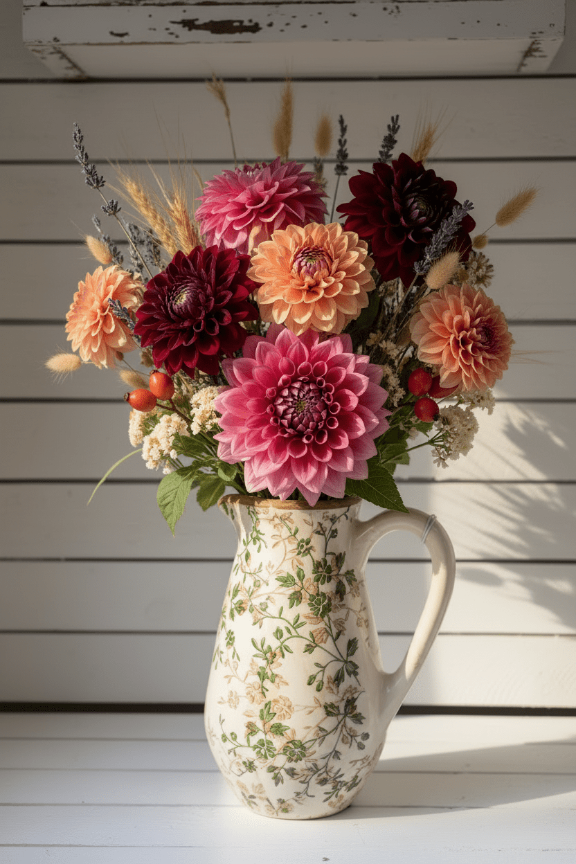 Krug / Vase Keramikkrug mit grünen Ranken, 1,5 L, Landhaus Shabby-Chic und Landhaus-Deko bei www.Stein-Alt.de