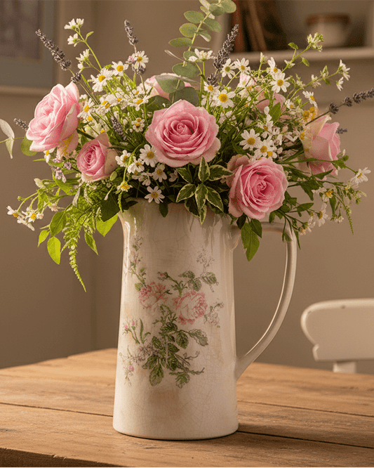Keramikkrug Rosen Beige - Romantische Deko Vase Landhausstil Shabby Chic {{ Shabby Chic und Landhaus Deko }} {{ www.Stein-Alt.de }}