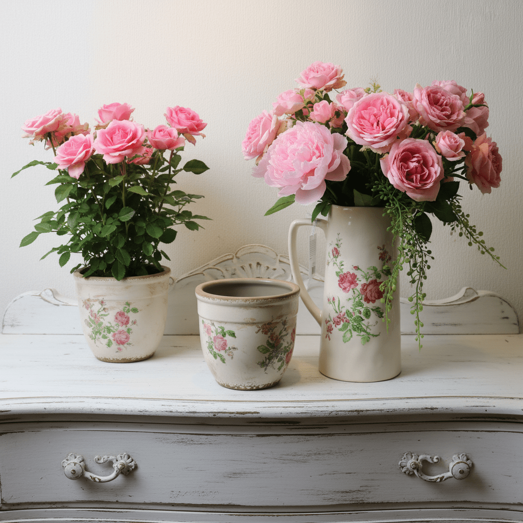 Keramikkrug Rosen Beige - Romantische Deko Vase Landhausstil Shabby Chic {{ Shabby Chic und Landhaus Deko }} {{ www.Stein-Alt.de }}