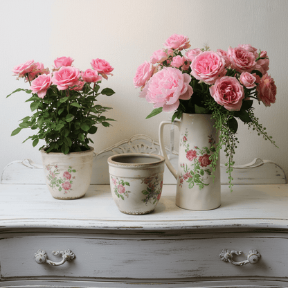 Krug / Vase Keramikkrug Rosen Beige - Romantische Deko Vase Landhausstil Shabby Chic Shabby Chic und Landhaus Deko bei www.Stein-Alt.de