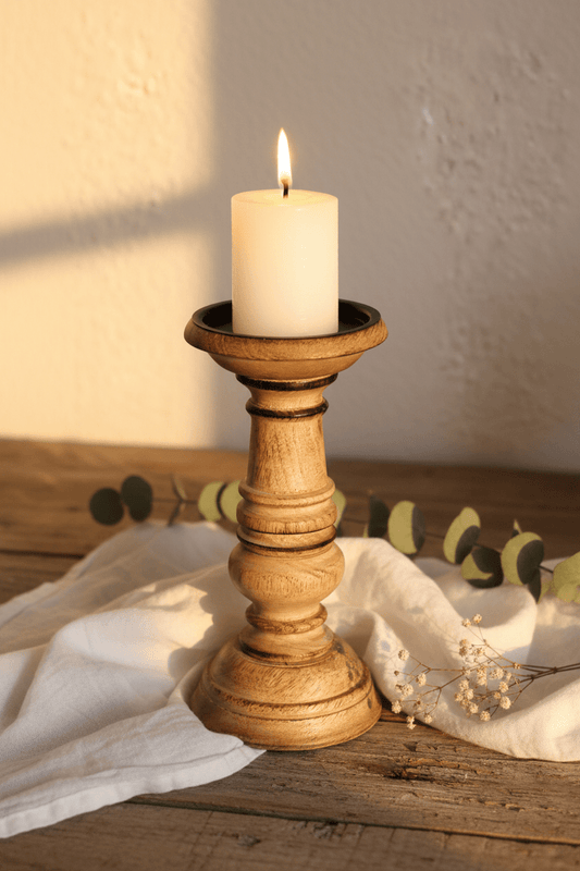 Kerzenständer Kerzenständer aus Mangoholz braun für Stumpenkerzen Shabby-Chic und Landhaus-Deko bei www.Stein-Alt.de