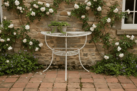 Konsolentisch Garten Weiß - Halbrunder Eisentisch mit Ablage, Shabby Chic Landhausstil {{ Shabby Chic und Landhaus Deko }} {{ www.Stein-Alt.de }}