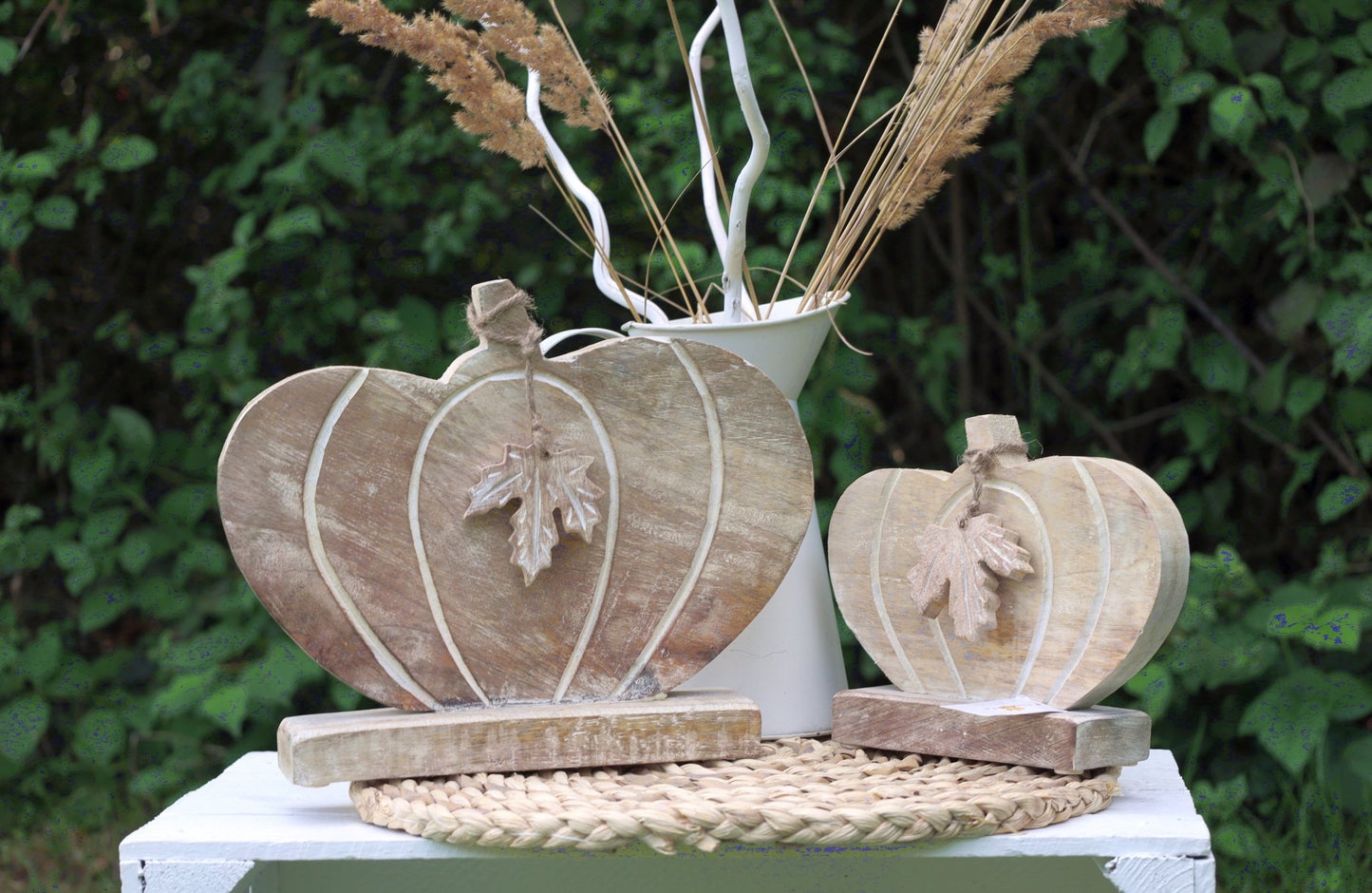 Kürbis Deko Holz Herbst - Ahornblatt Figur Herbstdekoration Halloween stehend {{ Shabby Chic und Landhaus Deko }} {{ www.Stein-Alt.de }}