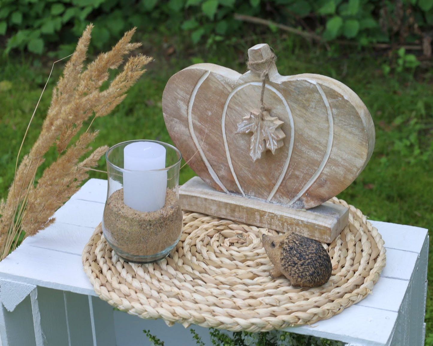Kürbis Deko Holz Herbst - Ahornblatt Figur Herbstdekoration Halloween stehend {{ Shabby Chic und Landhaus Deko }} {{ www.Stein-Alt.de }}