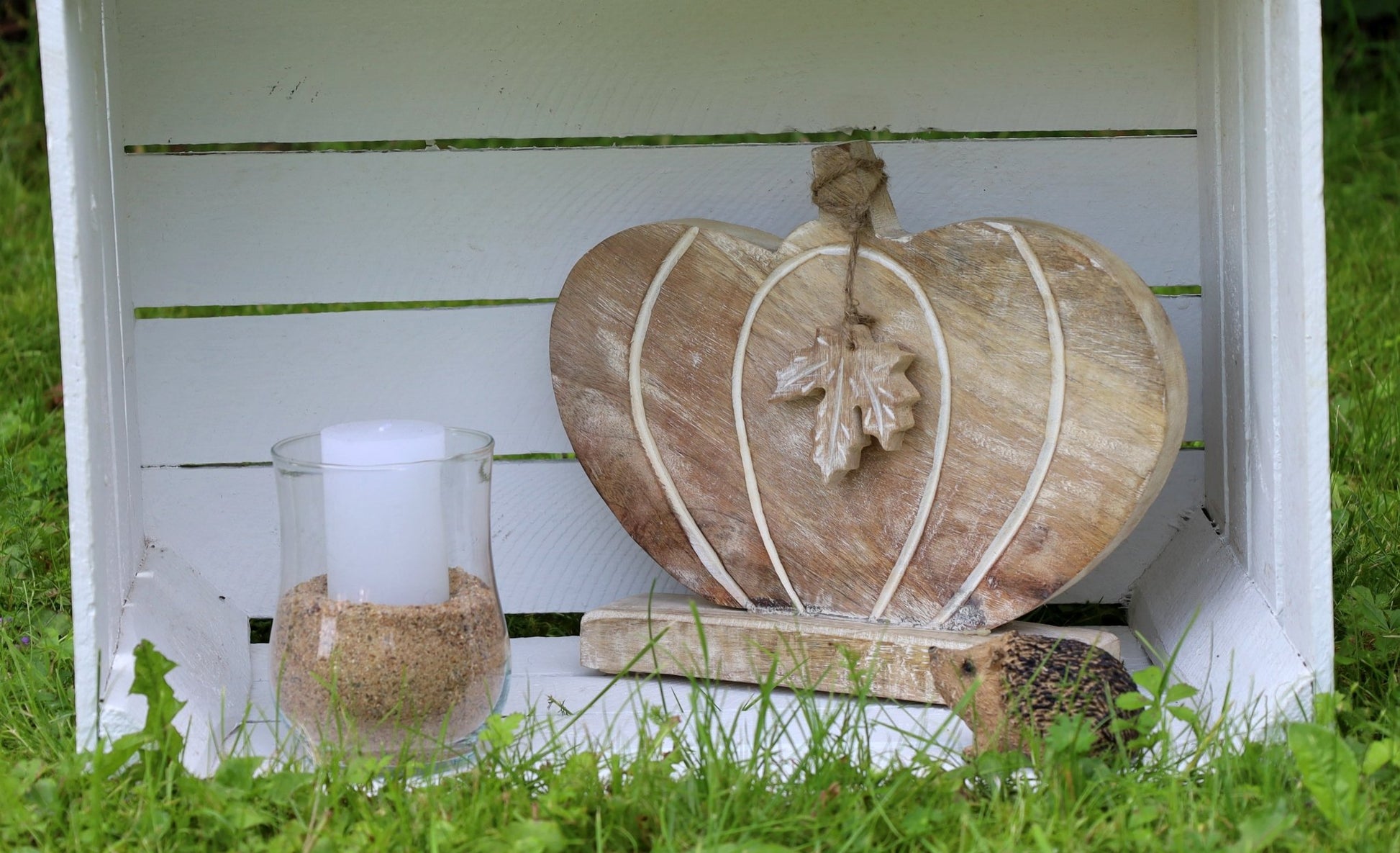 Kürbis Deko Holz Herbst - Ahornblatt Figur Herbstdekoration Halloween stehend {{ Shabby Chic und Landhaus Deko }} {{ www.Stein-Alt.de }}