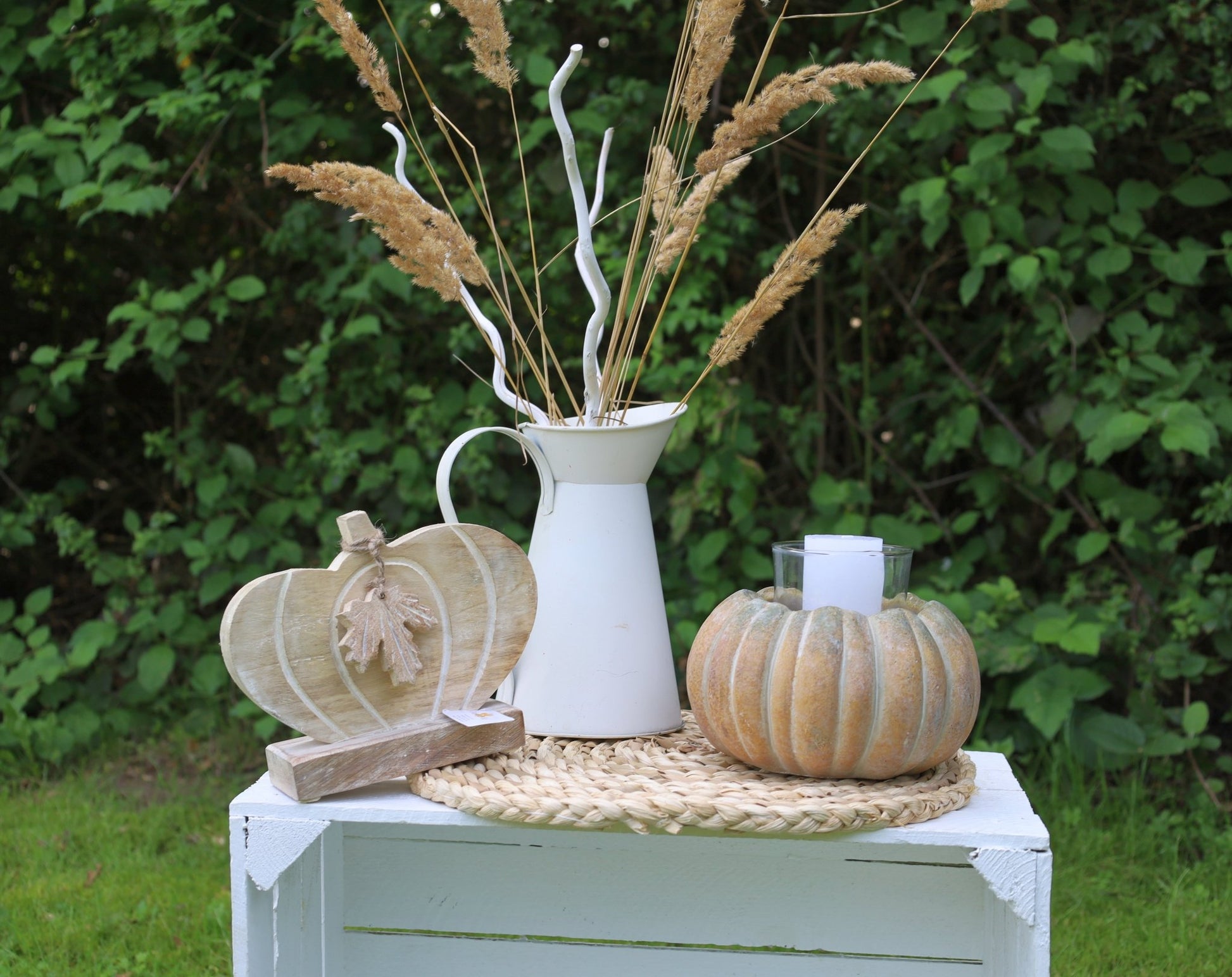 Kürbis Deko Holz Herbst - Ahornblatt Figur Herbstdekoration Halloween stehend {{ Shabby Chic und Landhaus Deko }} {{ www.Stein-Alt.de }}