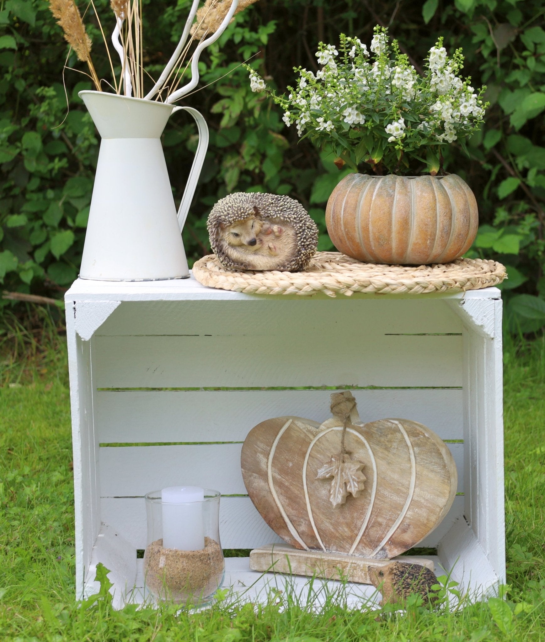 Kürbis Deko Holz Herbst - Ahornblatt Figur Herbstdekoration Halloween stehend {{ Shabby Chic und Landhaus Deko }} {{ www.Stein-Alt.de }}