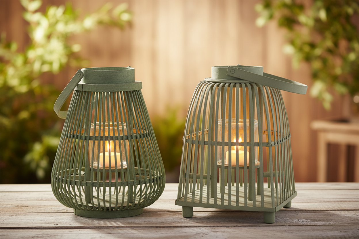 Windlicht Laterne Rattan Grün – Rund oder Eckig | Cottage & Landhausstil {{ Shabby Chic und Landhaus Deko }} {{ www.Stein-Alt.de The cosy Cottage }}