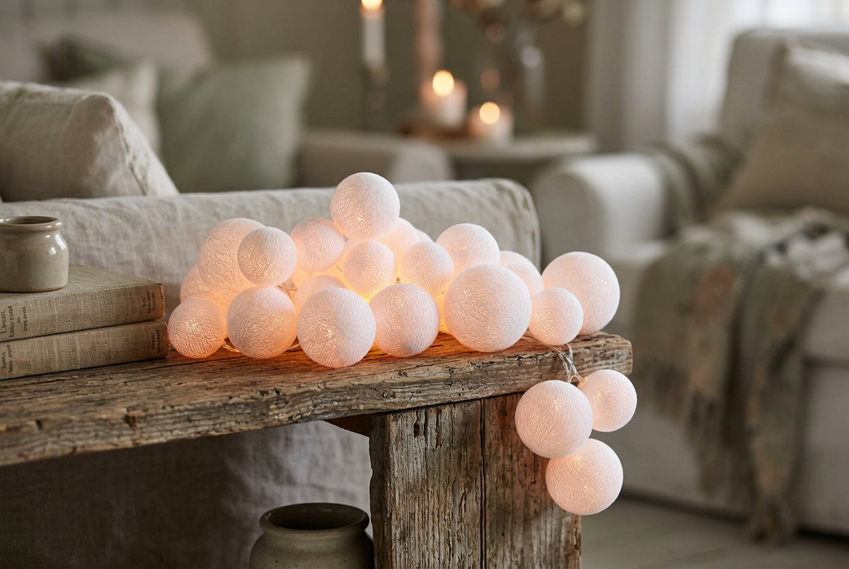 Lichtschläuche & -ketten Cotton-Ball-Lichterkette Landhausstil Polyester Weiß 378 cm Shabby-Chic und Landhaus-Deko bei www.Stein-Alt.de