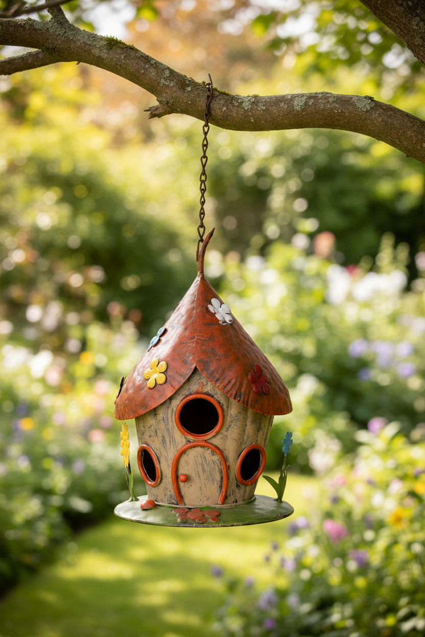 Märchenhaftes Vogelhäuschen aus Metall - Wetterfest & Dekorativ für Garten {{ Shabby Chic und Landhaus Deko }} {{ www.Stein-Alt.de }}