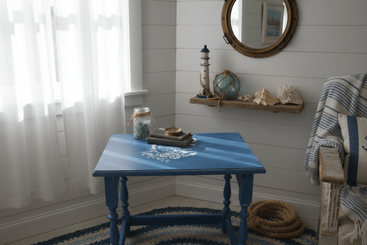 Maritime Beistelltische Blau – 3er Set aus Eiche massiv, Shabby Chic Upcycling {{ Shabby Chic und Landhaus Deko }} {{ www.Stein-Alt.de }}