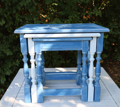 Beistelltisch Maritime Beistelltische Blau – 3er Set aus Eiche massiv, Shabby Chic Upcycling Shabby Chic und Landhaus Deko bei www.Stein-Alt.de