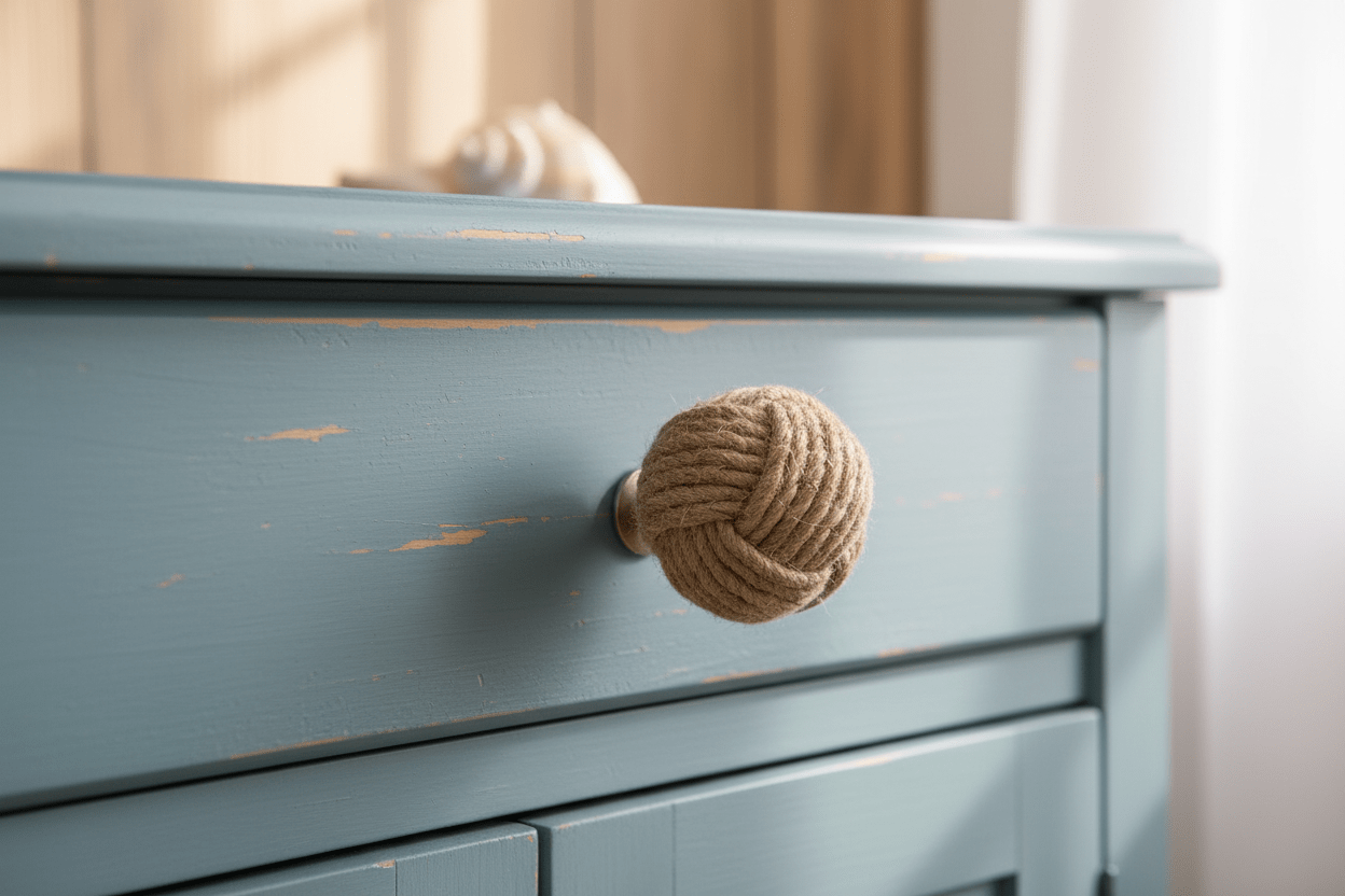 Maritimer Möbelknauf / Schubladengriff: Seilknoten aus Jute {{ Shabby Chic und Landhaus Deko }} {{ www.Stein-Alt.de }}