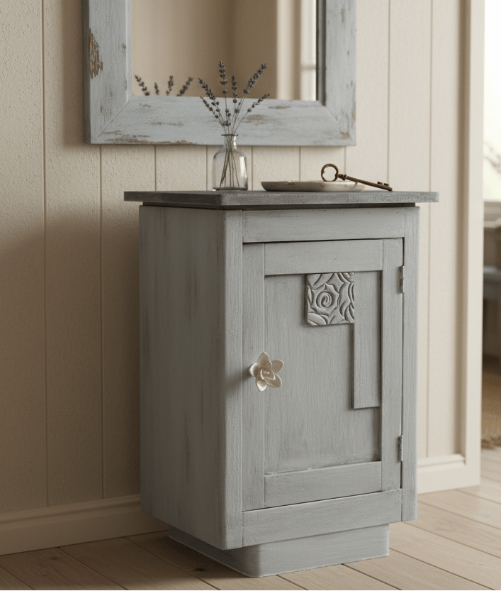 Nachttisch Shabby Chic Grau – Beistelltisch oder Flurschrank aus Massivholz {{ Shabby Chic und Landhaus Deko }} {{ www.Stein-Alt.de }}
