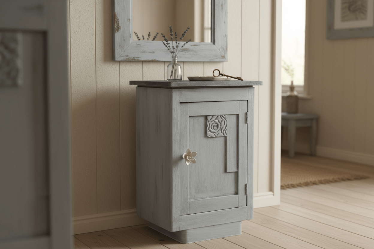 Nachttisch Shabby Chic Grau – Beistelltisch oder Flurschrank aus Massivholz {{ Shabby Chic und Landhaus Deko }} {{ www.Stein-Alt.de }}