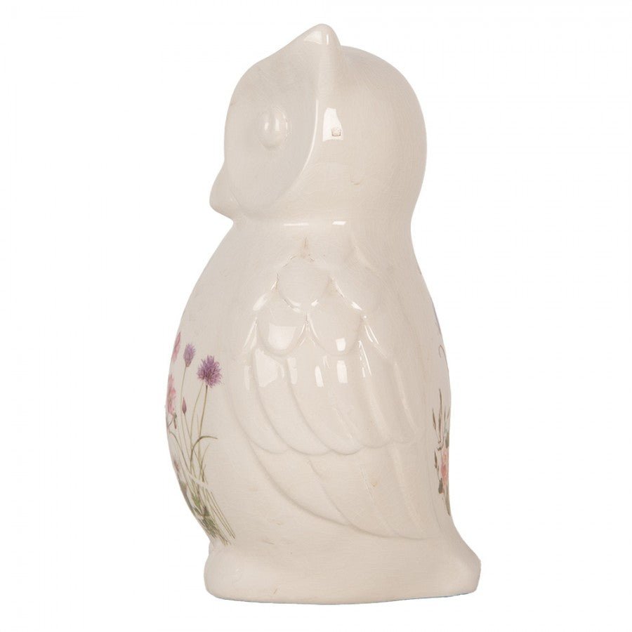 Niedlicher Eule in Beige aus Keramik mit Frühlingswiesen-motiv {{ Shabby Chic und Landhaus Deko }} {{ www.Stein-Alt.de }}