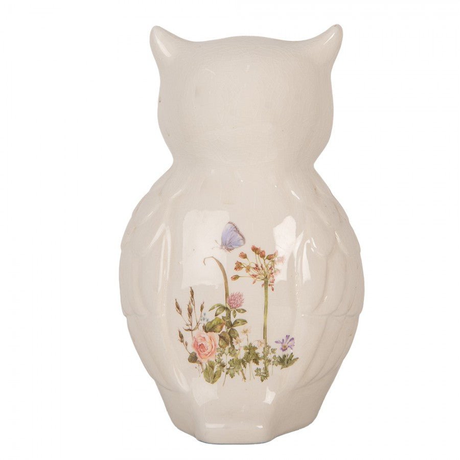 Niedlicher Eule in Beige aus Keramik mit Frühlingswiesen-motiv {{ Shabby Chic und Landhaus Deko }} {{ www.Stein-Alt.de }}