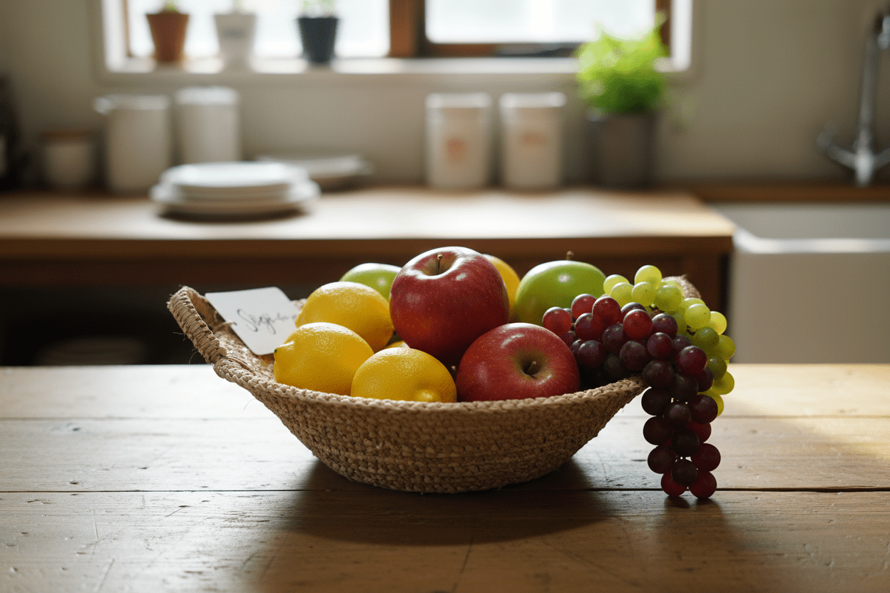 Obstkorb aus Bast Ø 28 cm - Handgeflochtenes Körbchen mit Griffen {{ Shabby Chic und Landhaus Deko }} {{ www.Stein-Alt.de }}