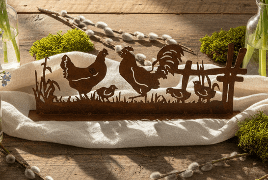 Oster Dekoration Huhn mit Küken Metall Rostoptik – Shabby Chic Frühlingsdeko {{ Shabby Chic und Landhaus Deko }} {{ www.Stein-Alt.de }}