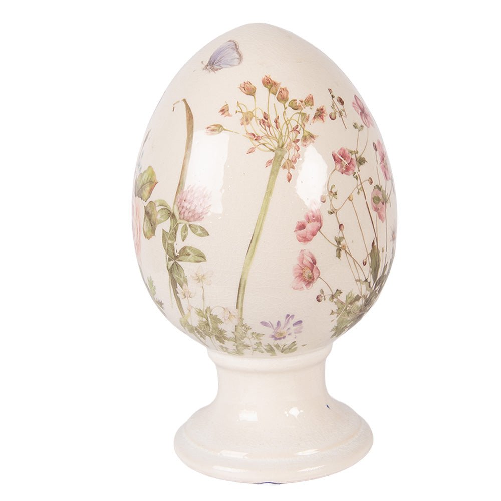 Oster-Ei auf Fuß aus Keramik Blumenwiese – Frühlingsdeko Landhausstil Groß {{ Shabby Chic und Landhaus Deko }} {{ www.Stein-Alt.de }}