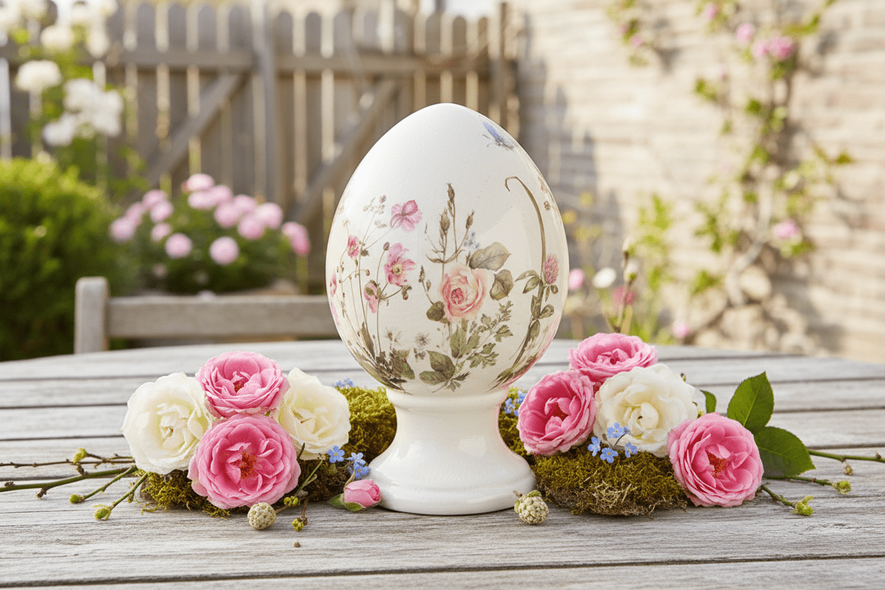 Oster-Ei auf Fuß aus Keramik Blumenwiese – Frühlingsdeko Landhausstil {{ Shabby Chic und Landhaus Deko }} {{ www.Stein-Alt.de }}