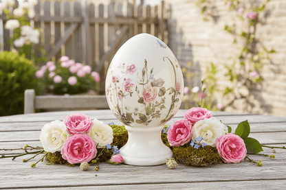 Dekoration Oster-Ei auf Fuß aus Keramik Blumenwiese – Frühlingsdeko Landhausstil Shabby Chic und Landhaus Deko bei www.Stein-Alt.de