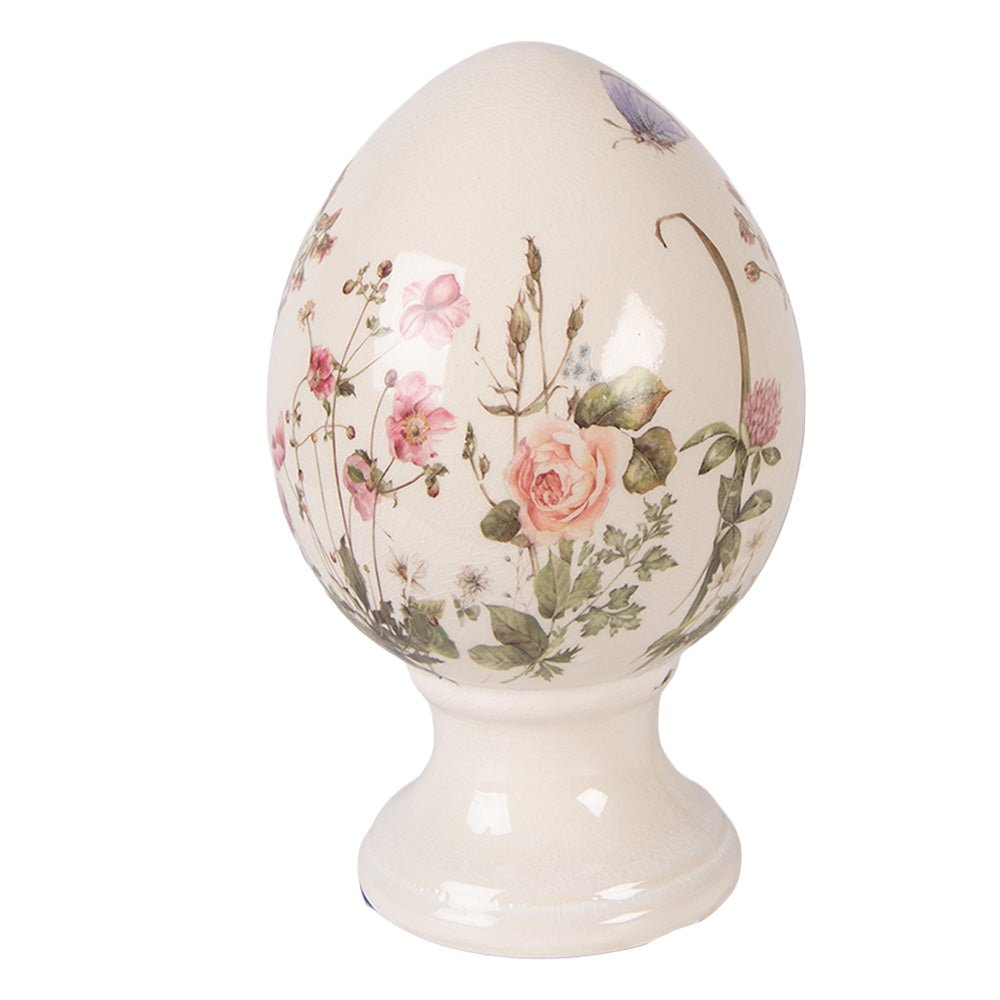 Oster-Ei auf Fuß aus Keramik Blumenwiese – Frühlingsdeko Landhausstil {{ Shabby Chic und Landhaus Deko }} {{ www.Stein-Alt.de }}