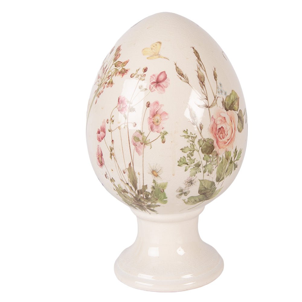 Oster-Ei auf Fuß aus Keramik Blumenwiese – Frühlingsdeko Landhausstil Mittel {{ Shabby Chic und Landhaus Deko }} {{ www.Stein-Alt.de }}