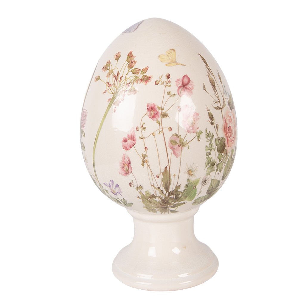 Oster-Ei auf Fuß aus Keramik Blumenwiese – Frühlingsdeko Landhausstil {{ Shabby Chic und Landhaus Deko }} {{ www.Stein-Alt.de }}