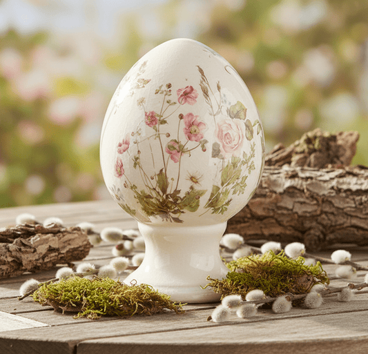 Oster-Ei auf Fuß aus Keramik Blumenwiese – Frühlingsdeko Landhausstil Klein {{ Shabby Chic und Landhaus Deko }} {{ www.Stein-Alt.de }}