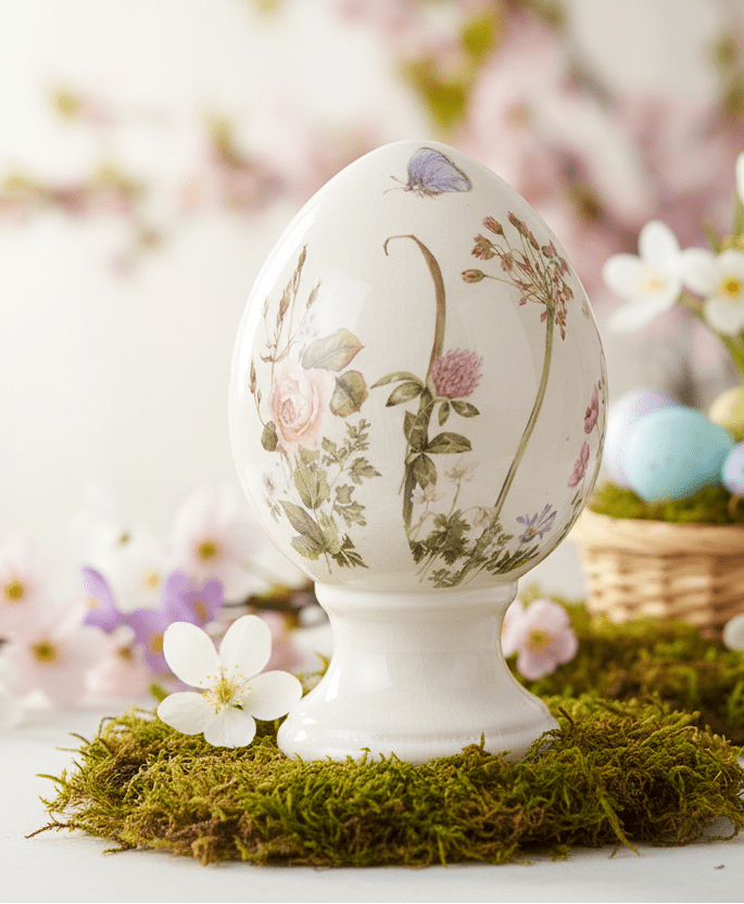 Oster-Ei auf Fuß aus Keramik Blumenwiese – Frühlingsdeko Landhausstil {{ Shabby Chic und Landhaus Deko }} {{ www.Stein-Alt.de }}