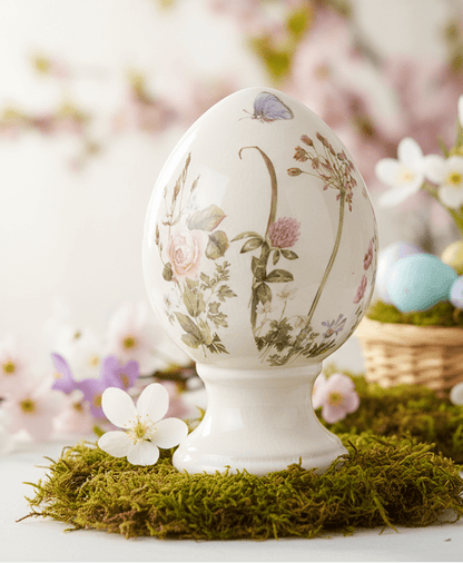Dekoration Oster-Ei auf Fuß aus Keramik Blumenwiese – Frühlingsdeko Landhausstil Shabby Chic und Landhaus Deko bei www.Stein-Alt.de