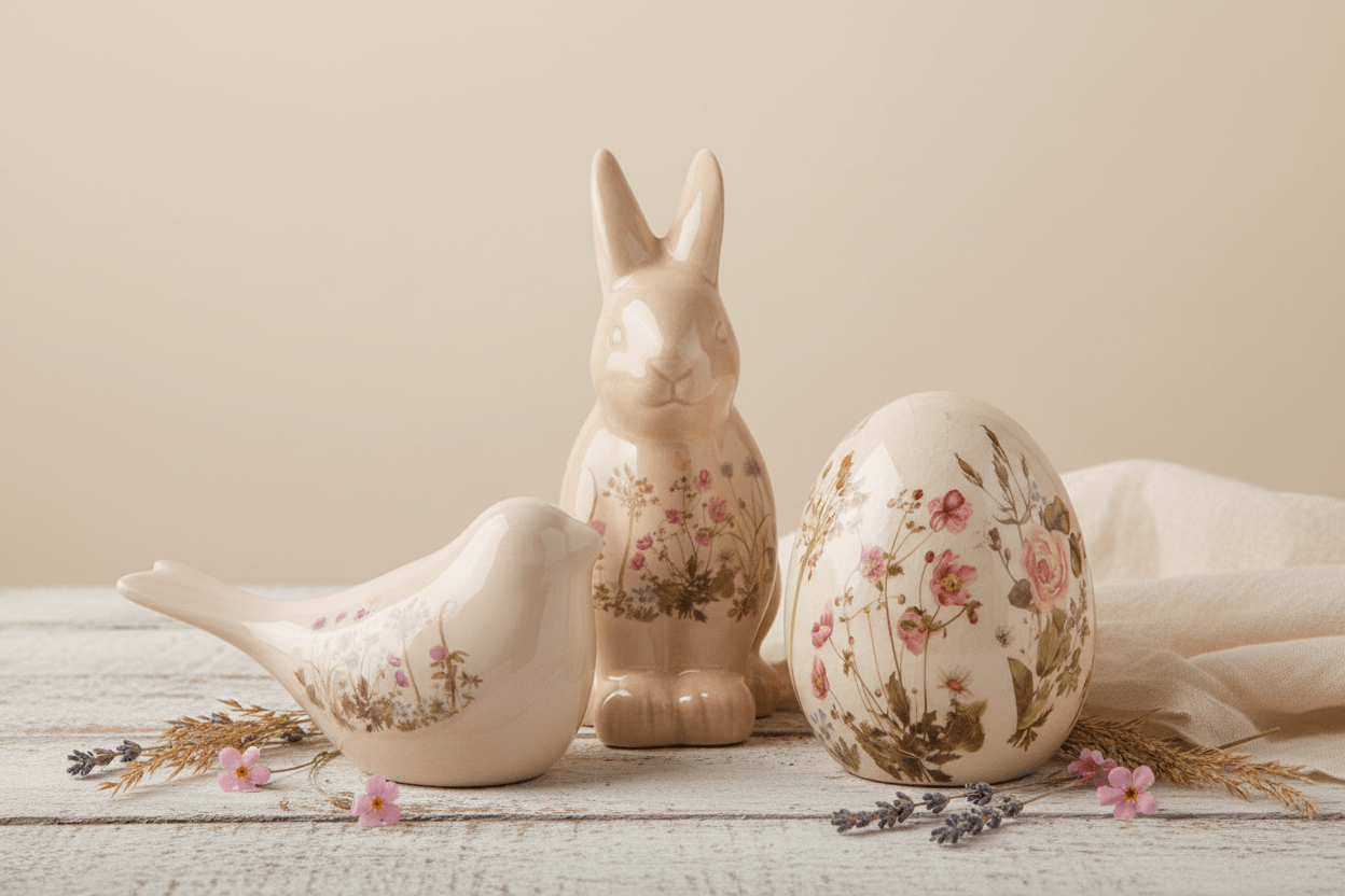 Oster-Ei Keramik Blumenwiese – Frühlingsdeko Landhausstil {{ Shabby Chic und Landhaus Deko }} {{ www.Stein-Alt.de }}