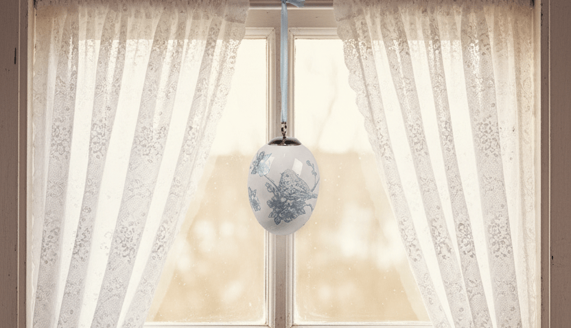 Osterei Keramik Weiß-Blau – Vogel auf Zweigen – Osteranhänger Landhaus {{ Shabby Chic und Landhaus Deko }} {{ www.Stein-Alt.de }}