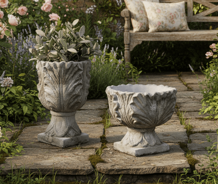 Pflanzkübel Steinguss Grau | Französischer Landhausstil – 2 Varianten {{ Shabby Chic und Landhaus Deko }} {{ www.Stein-Alt.de }}