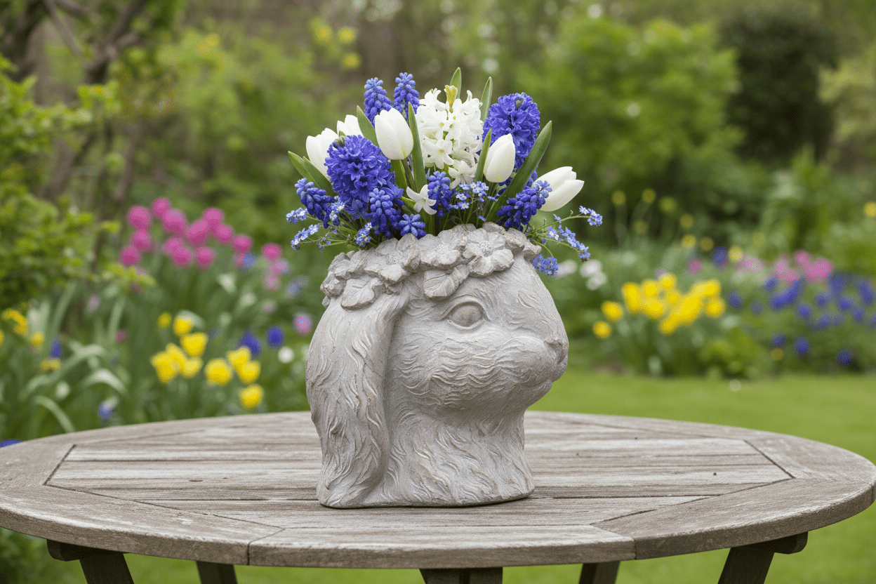 Pflanztopf Hase Grau-Braun Steinguss - Blumentopf Ostern Frühling Landhausstil {{ Shabby Chic und Landhaus Deko }} {{ www.Stein-Alt.de }}