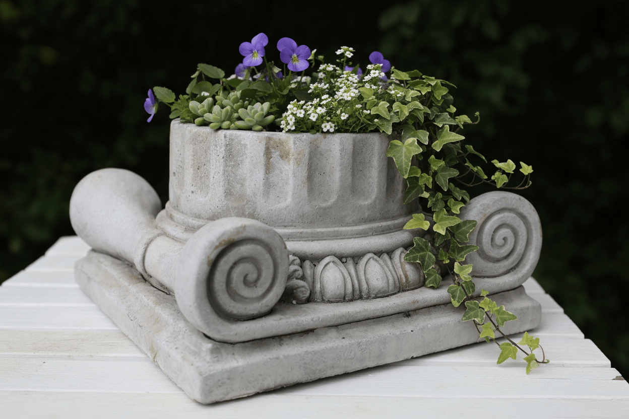 Pflanztopf Steinguss Grau – Klassische Säule für Balkon & Garten {{ Shabby Chic und Landhaus Deko }} {{ www.Stein-Alt.de }}