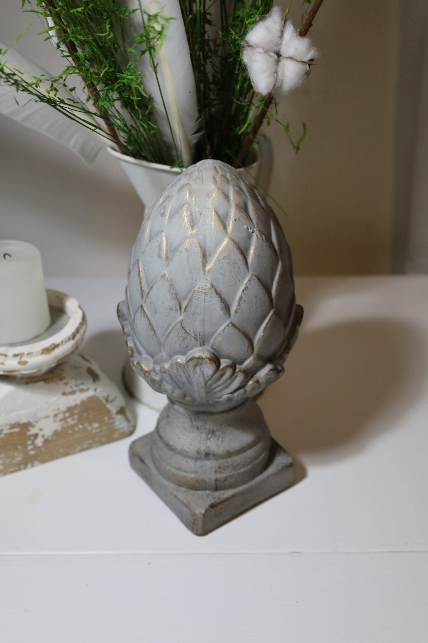 Pinienzapfen Terracotta Grau-Gold – Gartendeko Landhausstil {{ Shabby Chic und Landhaus Deko }} {{ www.Stein-Alt.de }}