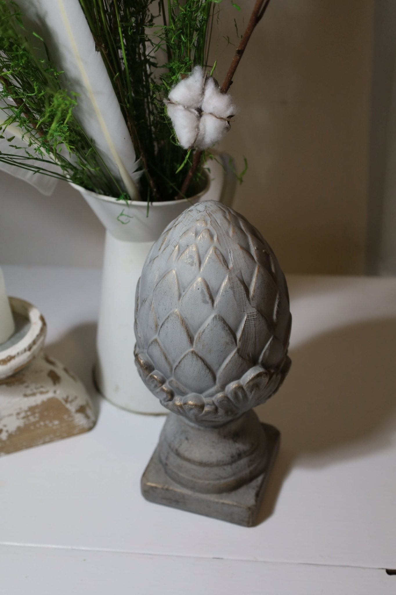 Pinienzapfen Terracotta Grau-Gold – Gartendeko Landhausstil {{ Shabby Chic und Landhaus Deko }} {{ www.Stein-Alt.de }}