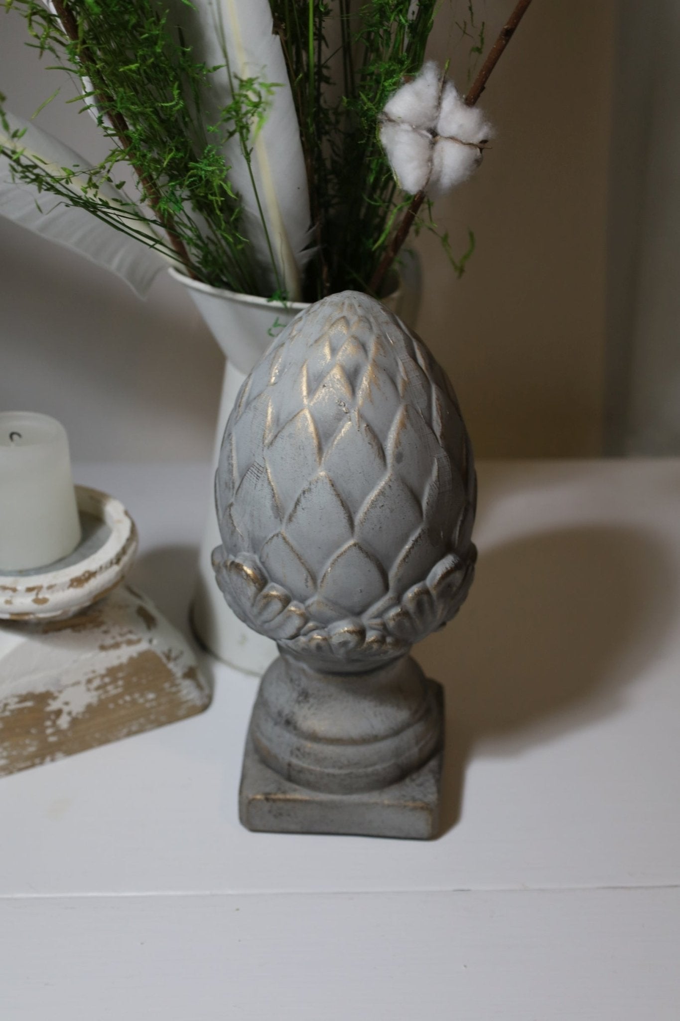 Pinienzapfen Terracotta Grau-Gold – Gartendeko Landhausstil {{ Shabby Chic und Landhaus Deko }} {{ www.Stein-Alt.de }}