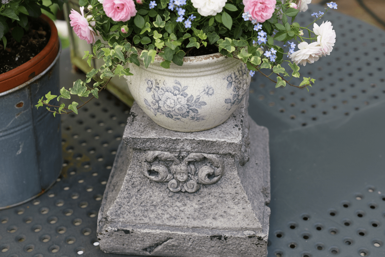 Podest für Blumenkübel Grau 18x18x14cm - Shabby Chic Gartendekoration {{ Shabby Chic und Landhaus Deko }} {{ www.Stein-Alt.de }}