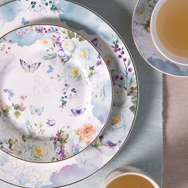 Porzellan Geschirr Blau-Weiß Blumen & Schmetterlinge – Mix & Match Landhausstil {{ Shabby Chic und Landhaus Deko }} {{ www.Stein-Alt.de }}