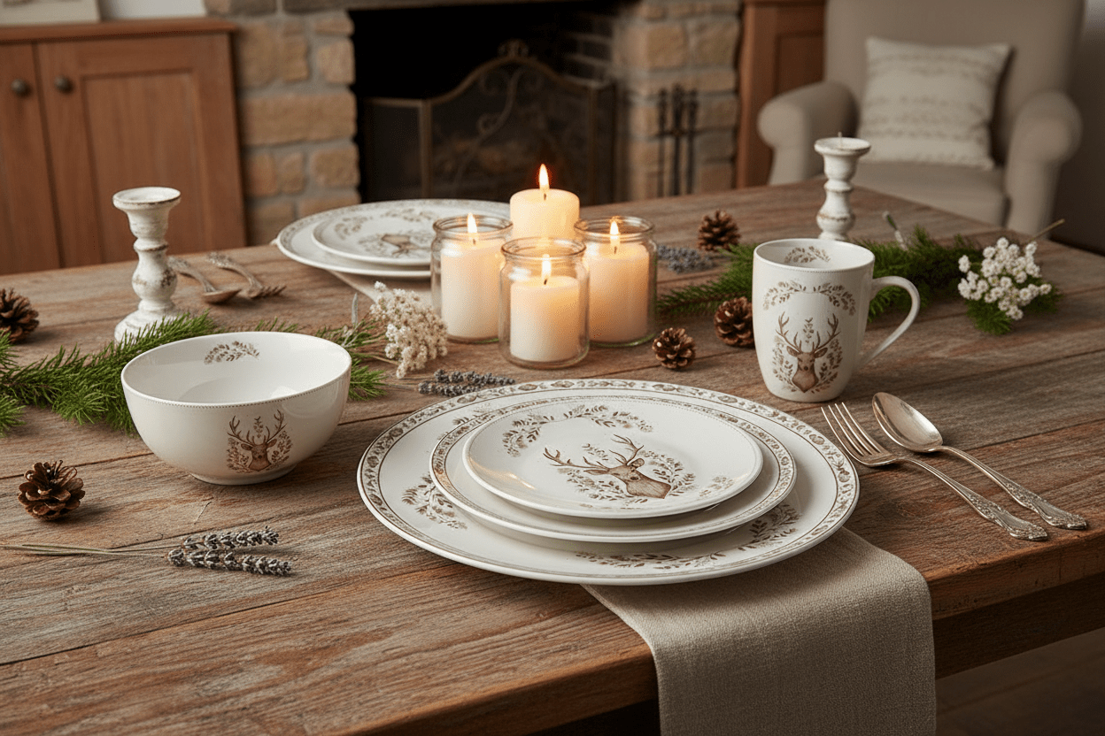 Porzellan Geschirr Set Hirsch Weihnachten - Teller, Tassen & Schalen {{ Shabby Chic und Landhaus Deko }} {{ www.Stein-Alt.de }}