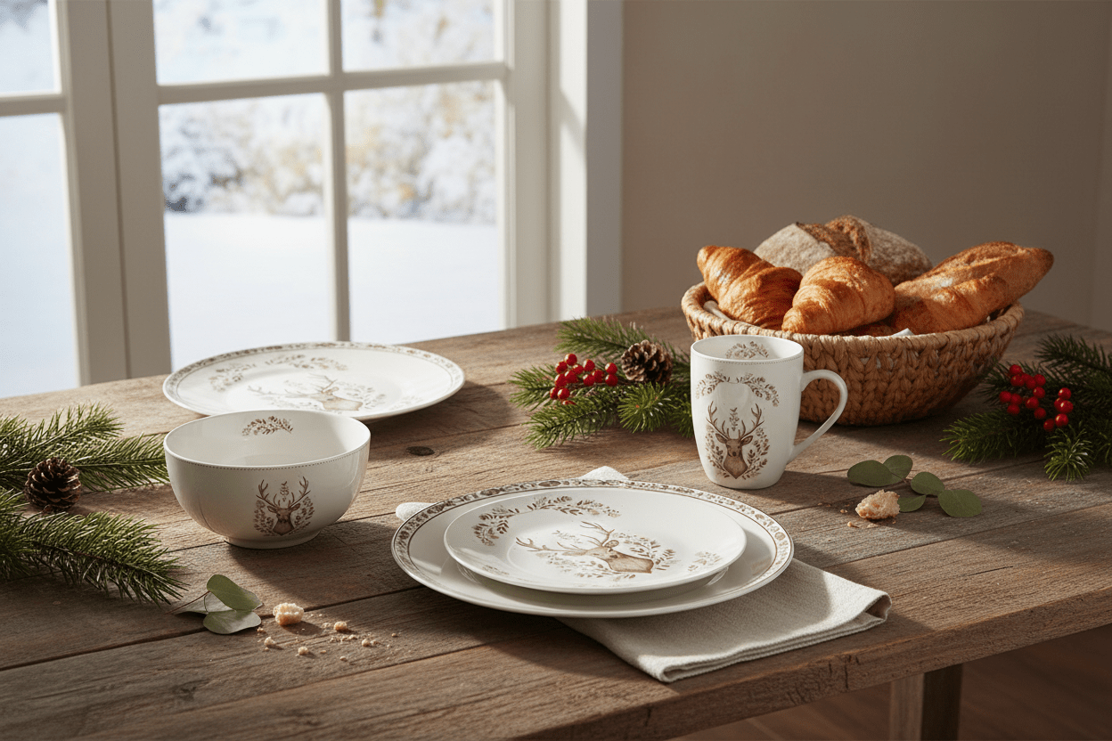 Porzellan Geschirr Set Hirsch Weihnachten - Teller, Tassen & Schalen {{ Shabby Chic und Landhaus Deko }} {{ www.Stein-Alt.de }}